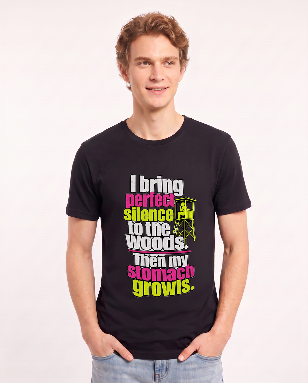 I bring perfect silence to the woods. Then my stomach growls. Men's Black T-Shirt product image 1