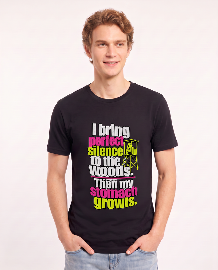 I bring perfect silence to the woods. Then my stomach growls. Men's Black T-Shirt product image 1