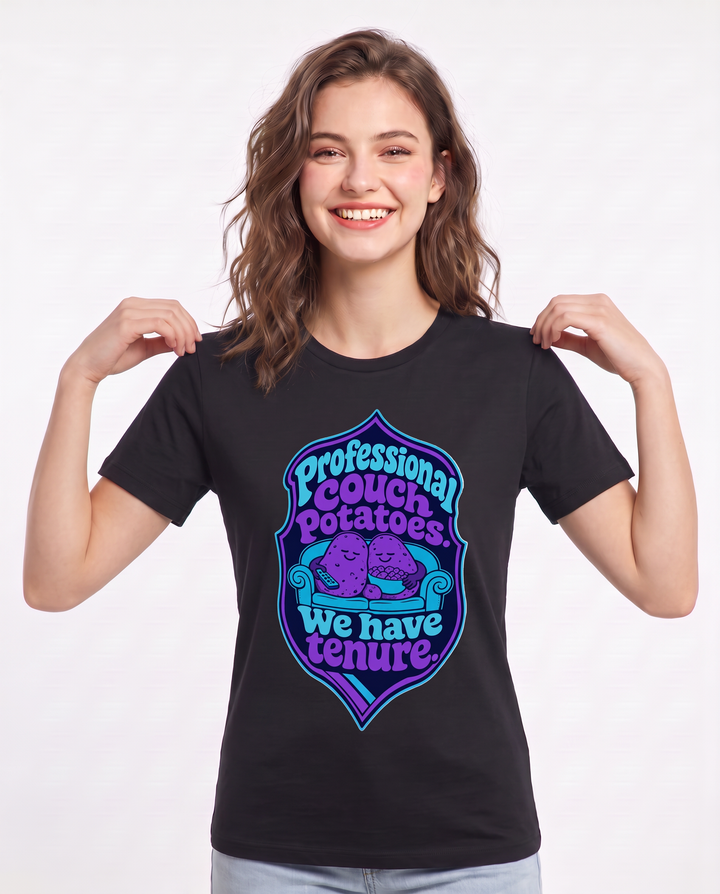 Couples Women's Black T-Shirt - Professional couch potatoes. We have product image 3
