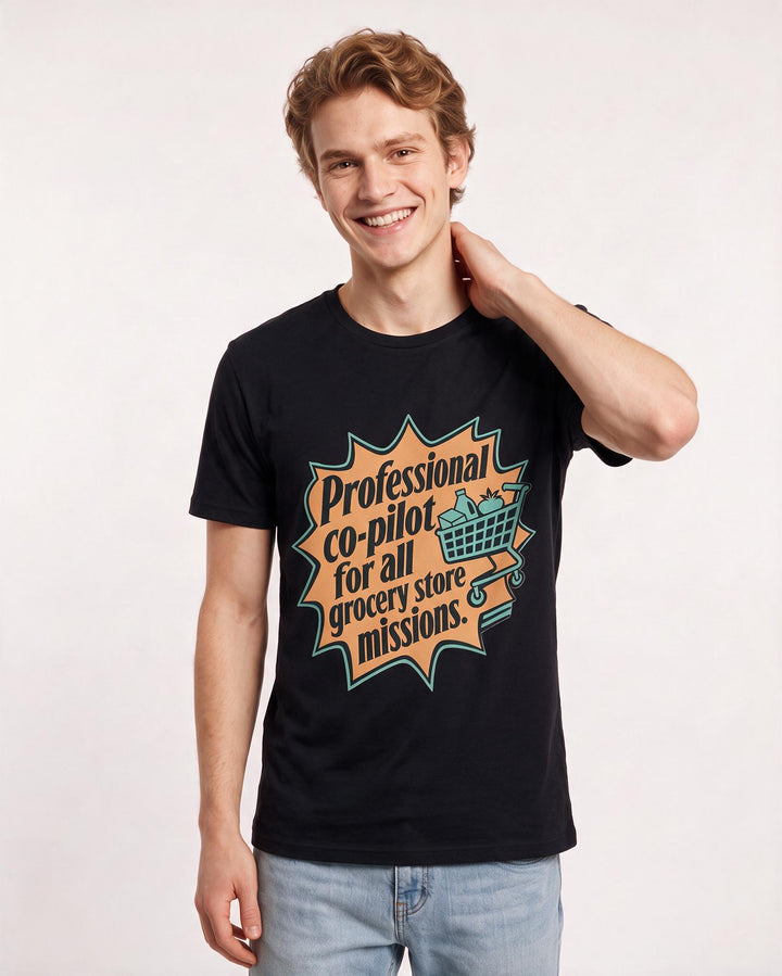 Couples Men's Black T-Shirt - Professional co-pilot for all grocery product image 3