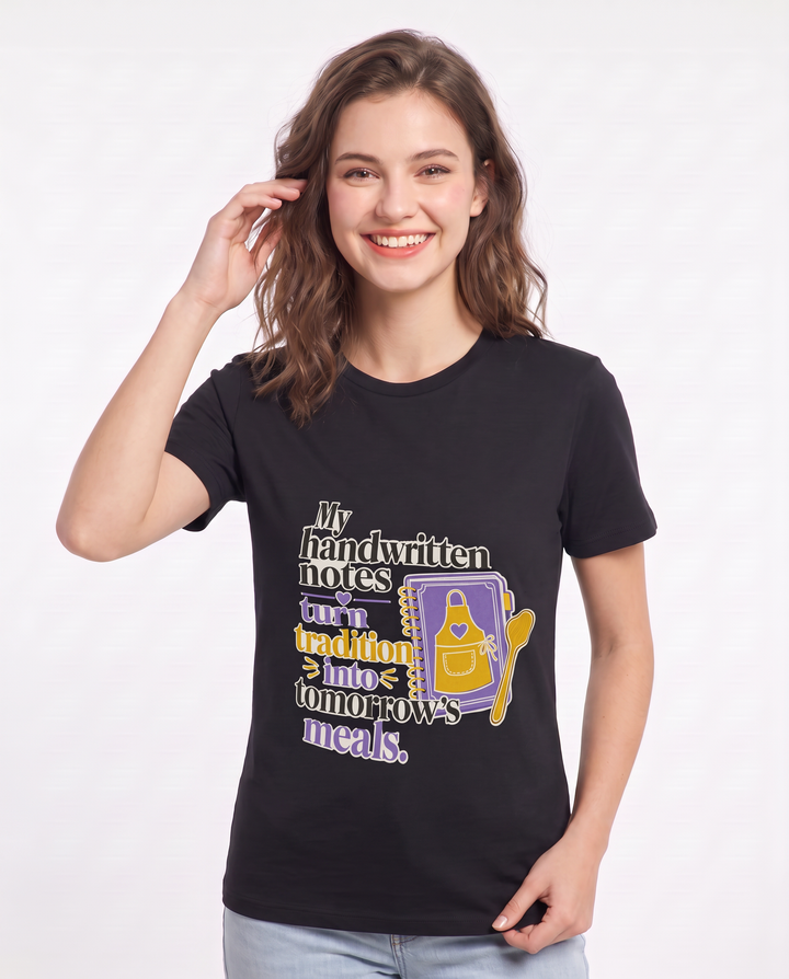 My handwritten notes turn tradition into tomorrow's meals. Women's Black T-Shirt product image 1