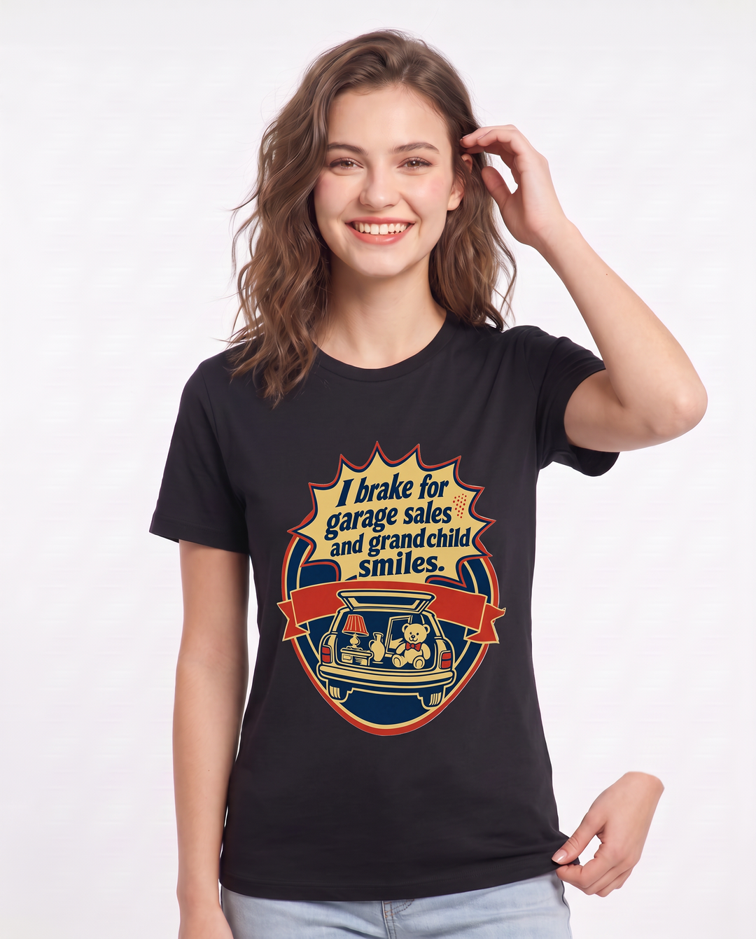 Graphic Women's Black T-Shirt - I brake for garage sales and product image 3