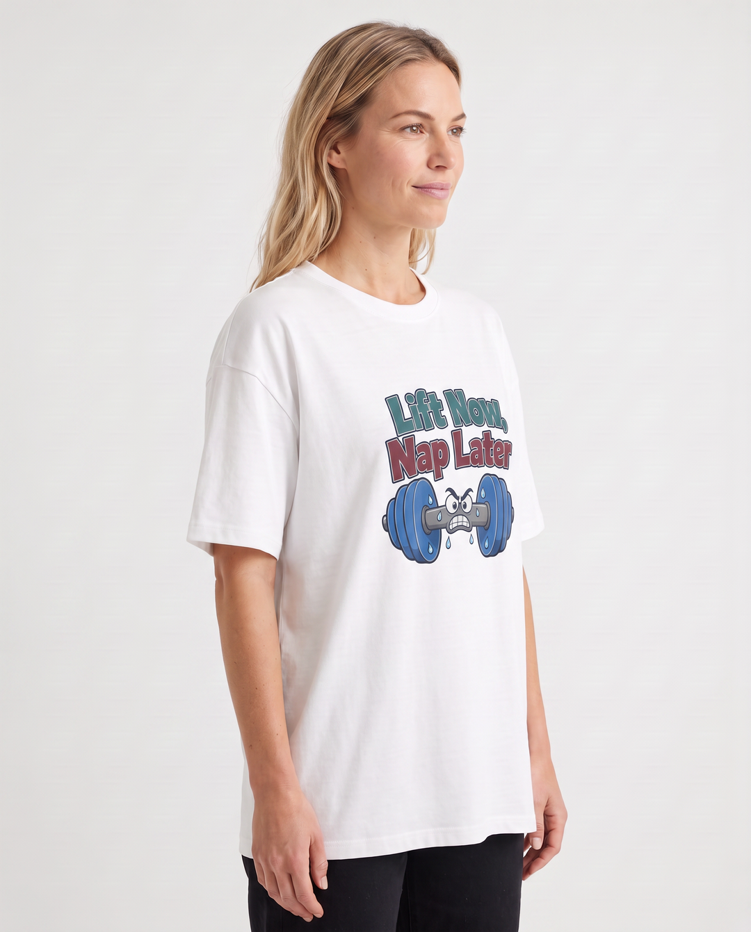 Lift Now, Nap Later White T-Shirt mockup 2