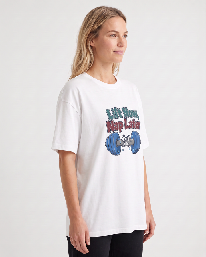 Lift Now, Nap Later White T-Shirt mockup 2