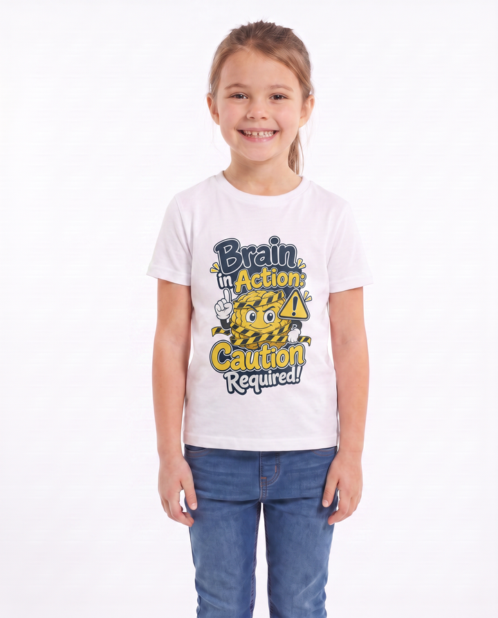 Brain In Action: Caution Required! White T-Shirt mockup 1