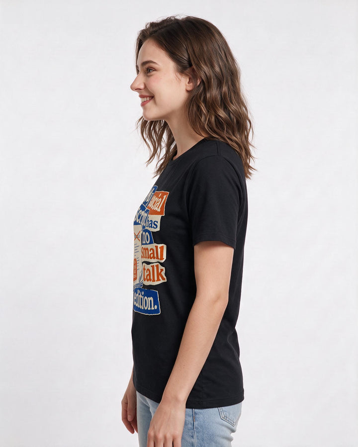 Neurodiversity Women's Black T-Shirt – My social script has no small talk edition. product image 2