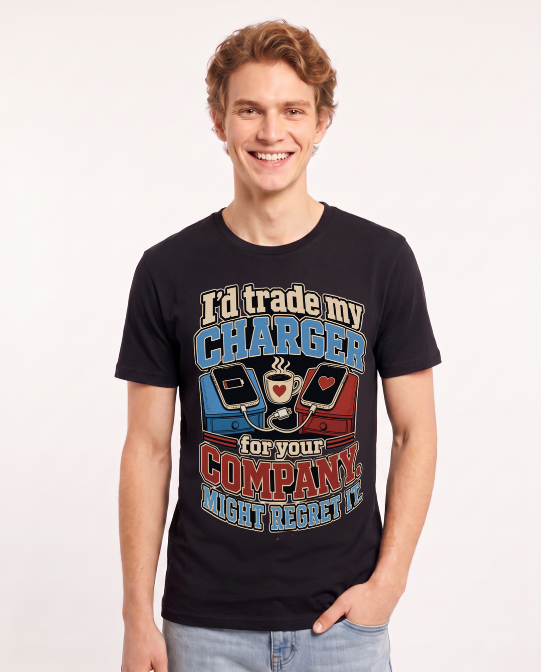 Funny Couples Men's Black T-Shirt – I’d trade my charger for your company. Might regret it. product image 1