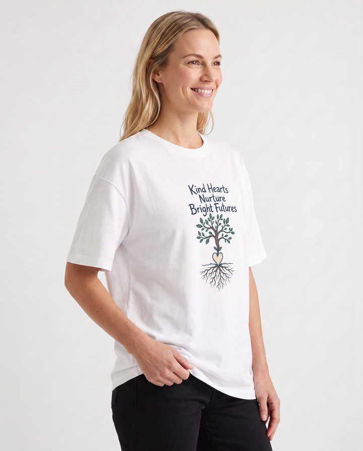 Kind Hearts Nurture Bright Futures White T-Shirt mockup 3