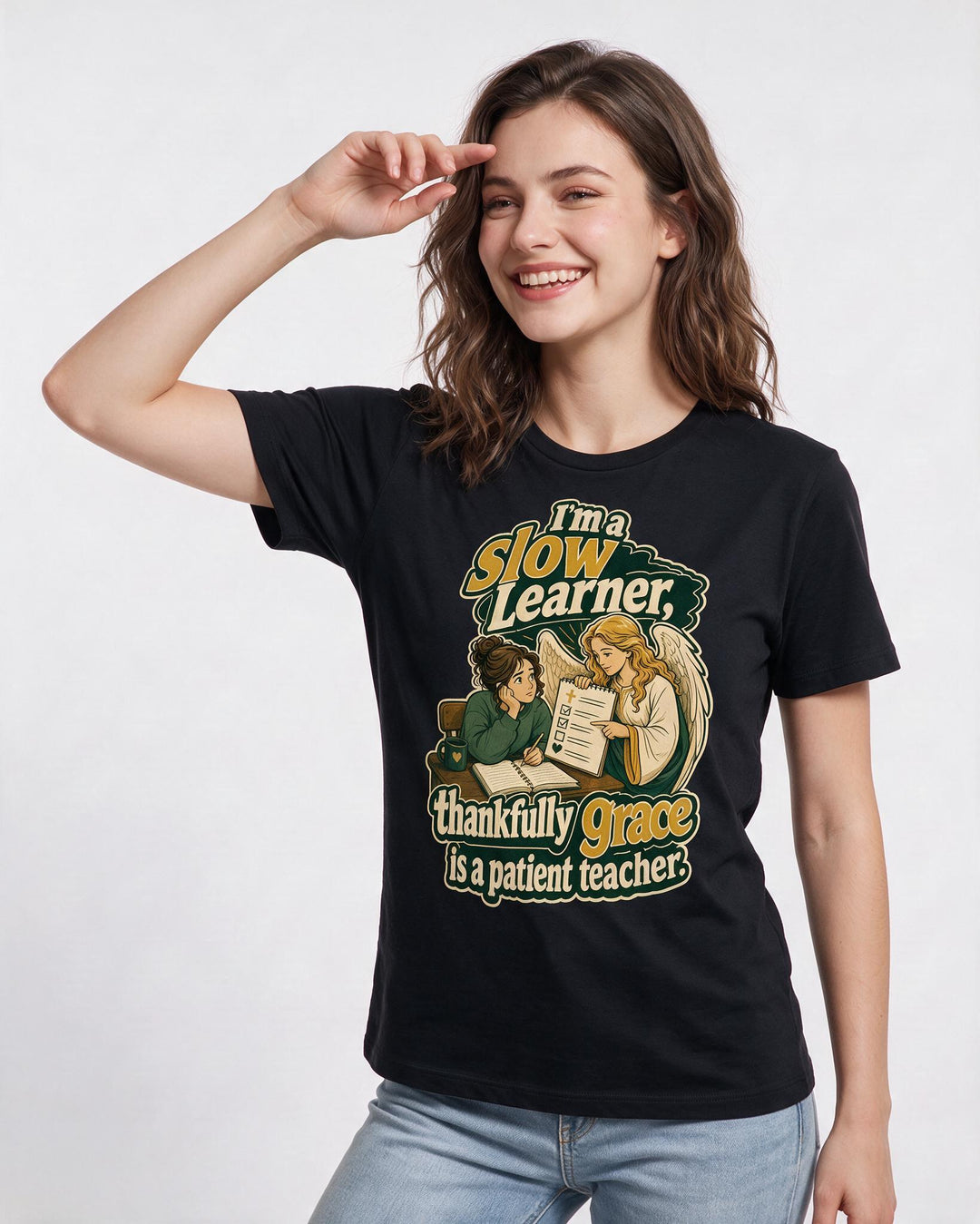 Christian Faith Women's Black T-Shirt – "I'm a slow learner, thankfully grace is a patient teacher." product image 3