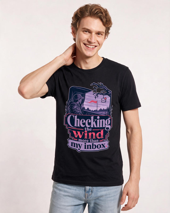 Hunting Men's Black T-Shirt – Checking the wind more than my inbox product image 3