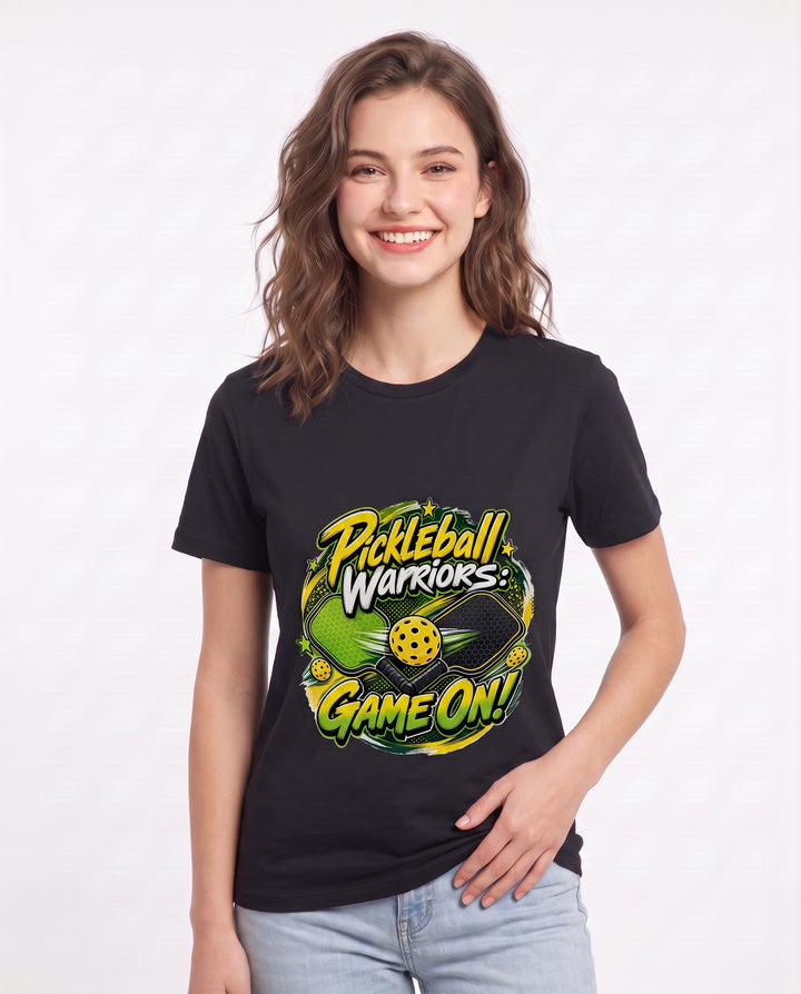 Pickleball Warriors: Game On! Women's Black T-Shirt product image 1