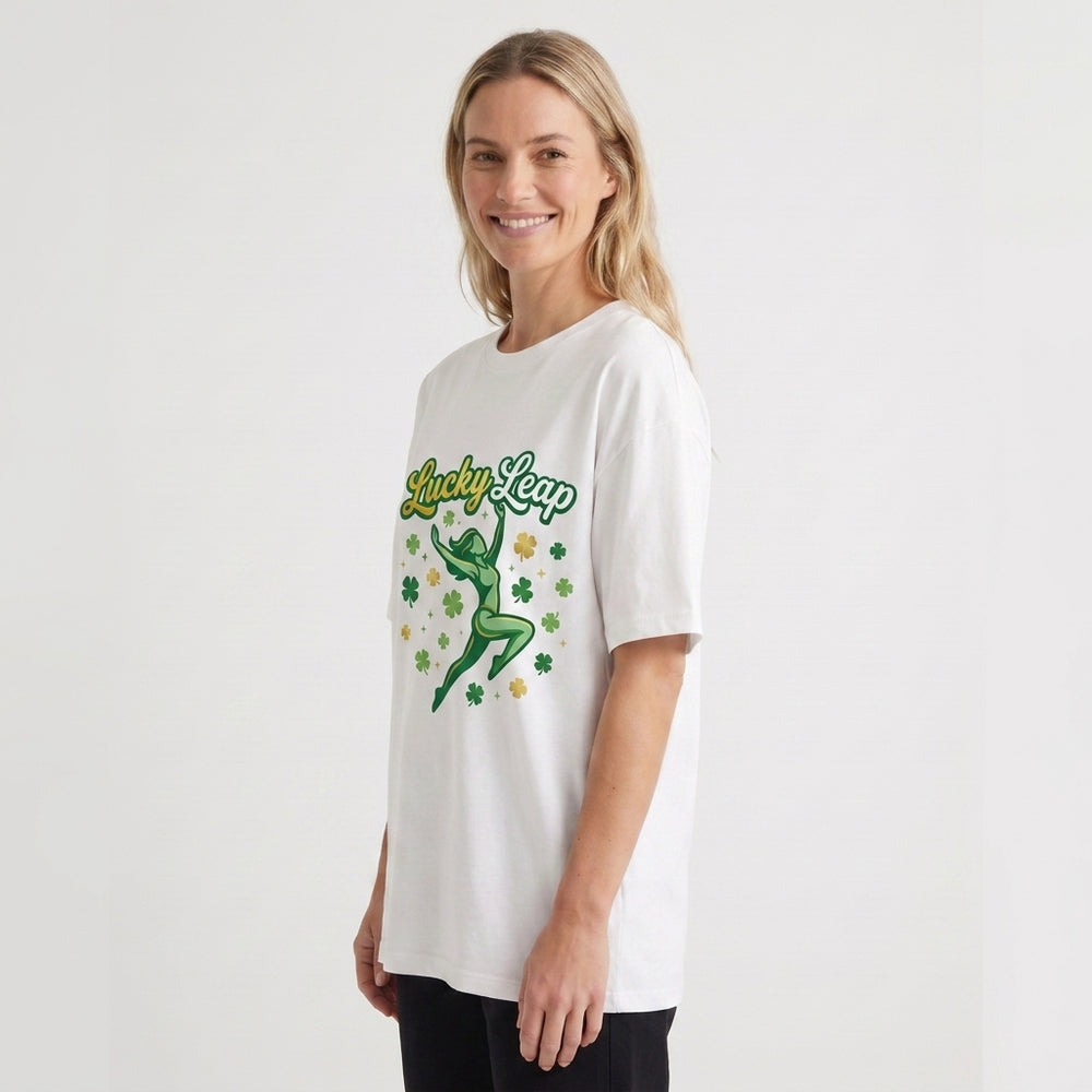 Lucky Leap Stylized Leap With Clovers White T-Shirt mockup 2