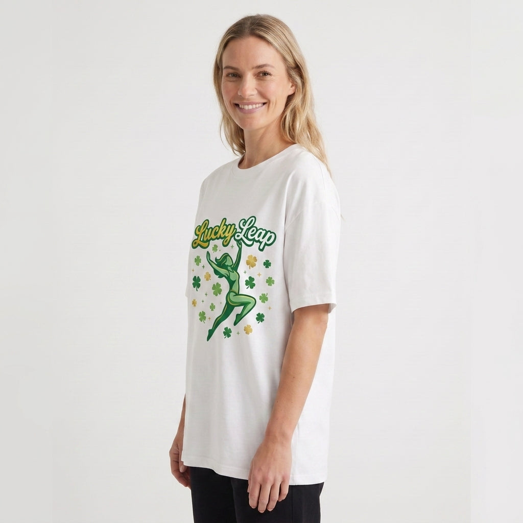 Lucky Leap Stylized Leap With Clovers White T-Shirt mockup 2