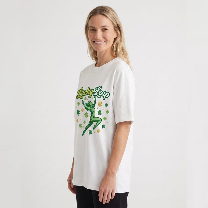 Lucky Leap Stylized Leap With Clovers White T-Shirt mockup 2