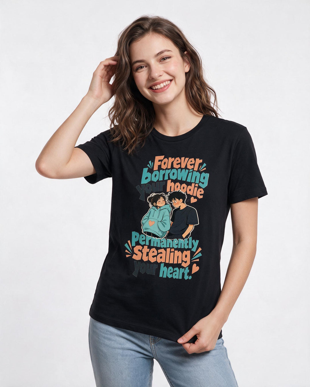 Couples Women's Black T-Shirt – Forever borrowing your hoodie, permanently stealing your heart. product image 3