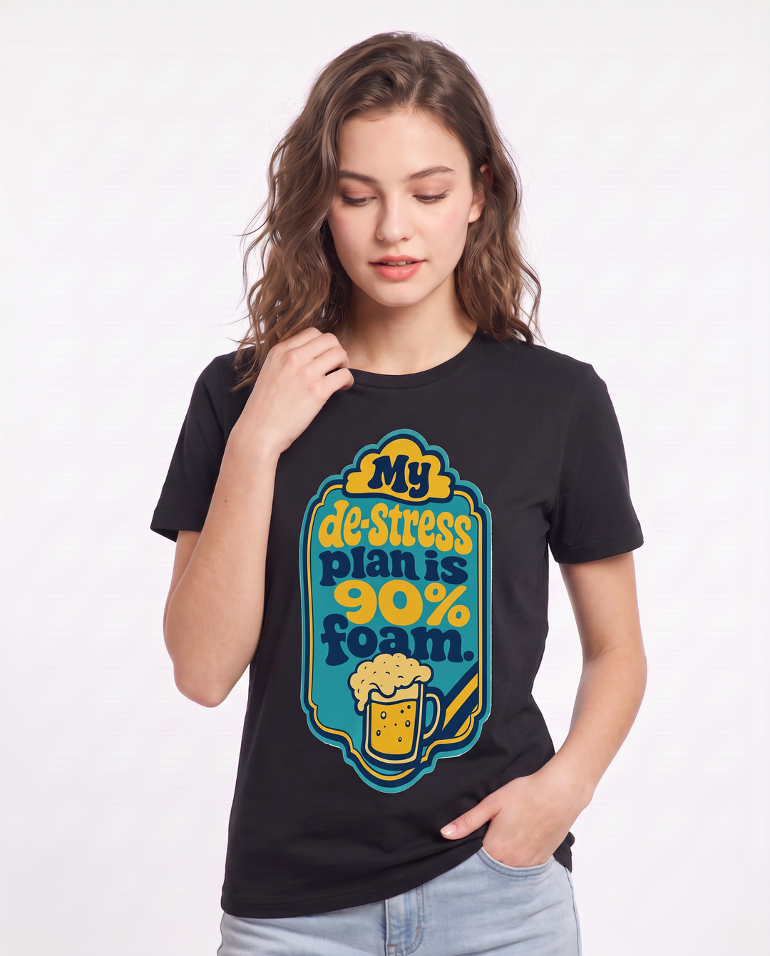 Funny Beer Women's Black T-Shirt - My de-stress plan is 90% foam. product image 3