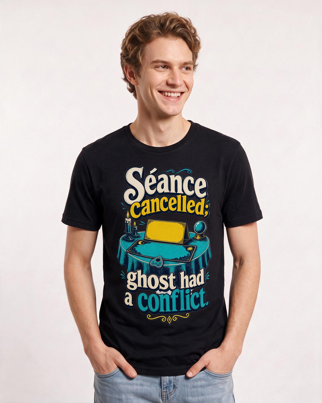 Funny Halloween Men's Black T-Shirt – “Séance cancelled; ghost had a conflict.” product image 3