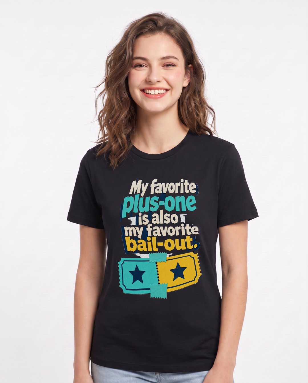 Funny Couples Women's Black T-Shirt – My favorite plus-one is also my favorite bail-out. product image 1