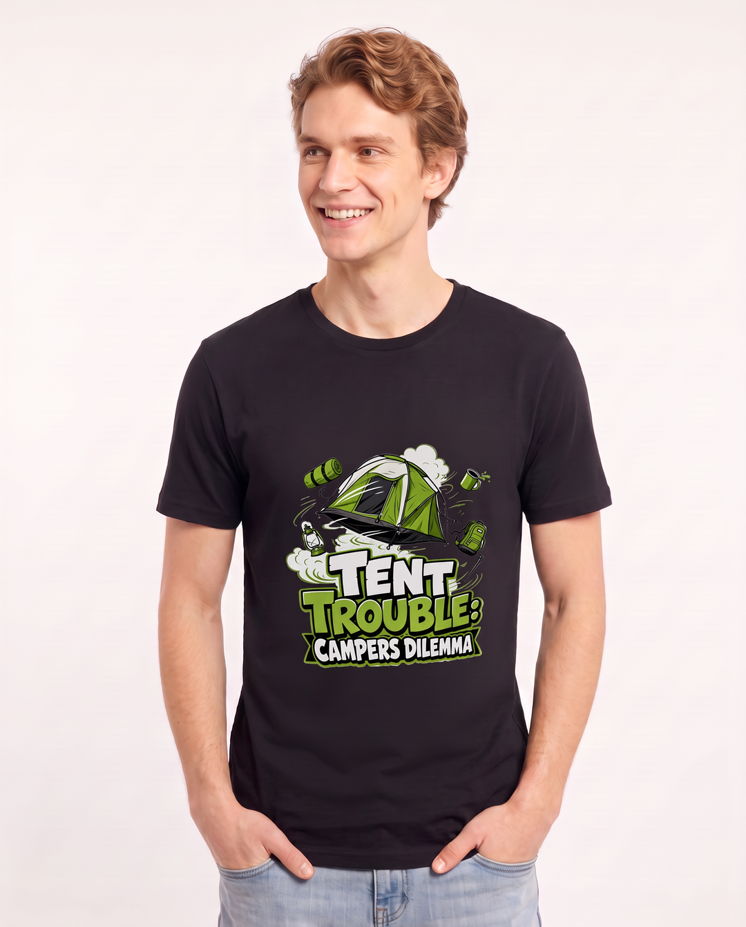 Tent Trouble: Campers Dilemma Men's Black T-Shirt product image 1
