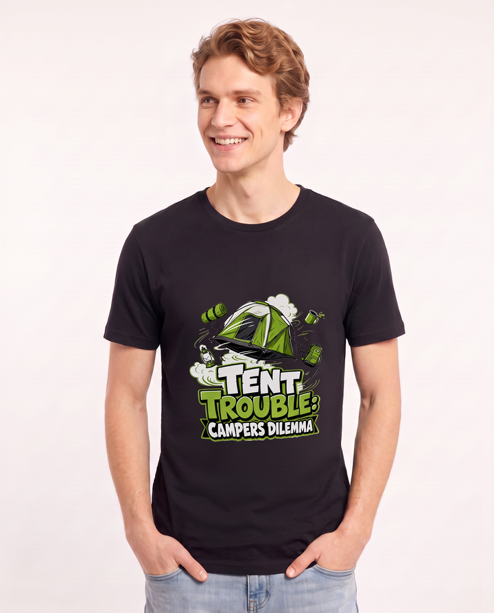 Tent Trouble: Campers Dilemma Men's Black T-Shirt product image 1