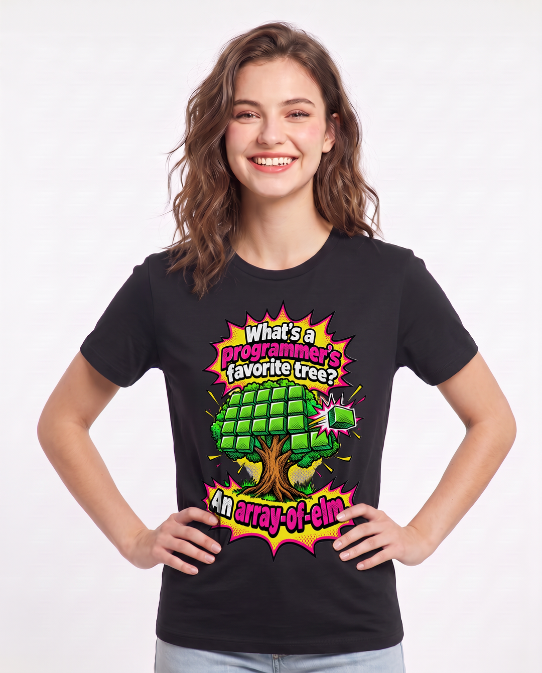 What's a programmer's favorite tree? An array-of-elm. Women's Black T-Shirt product image 1