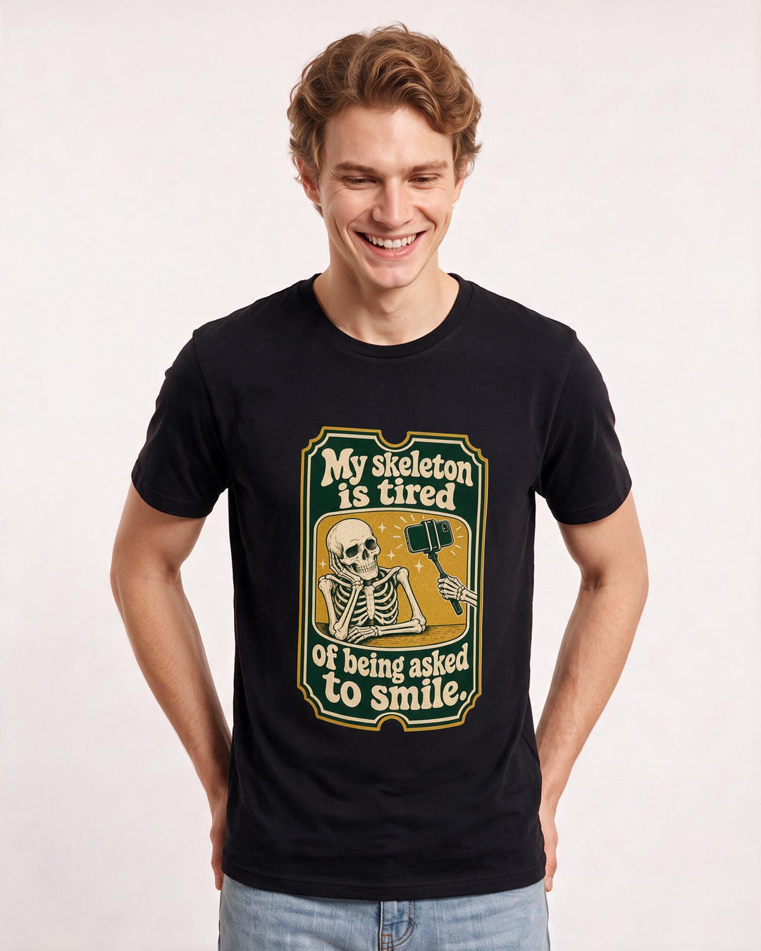 Funny Halloween Men's Black T-Shirt – My skeleton is tired of being asked to smile. product image 3