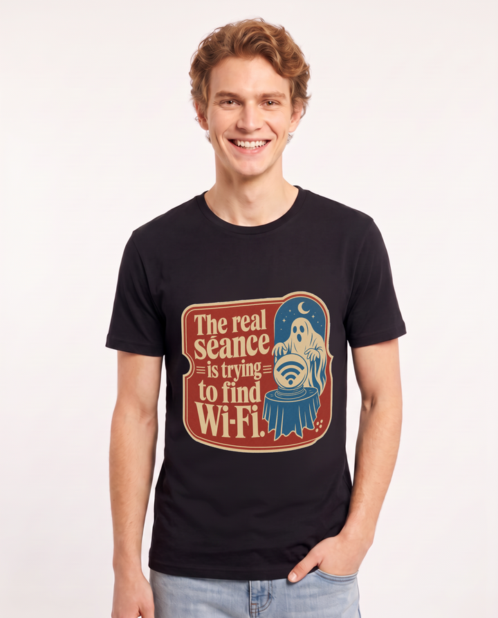 Halloween Men's Black T-Shirt - The real séance is trying to find product image 1