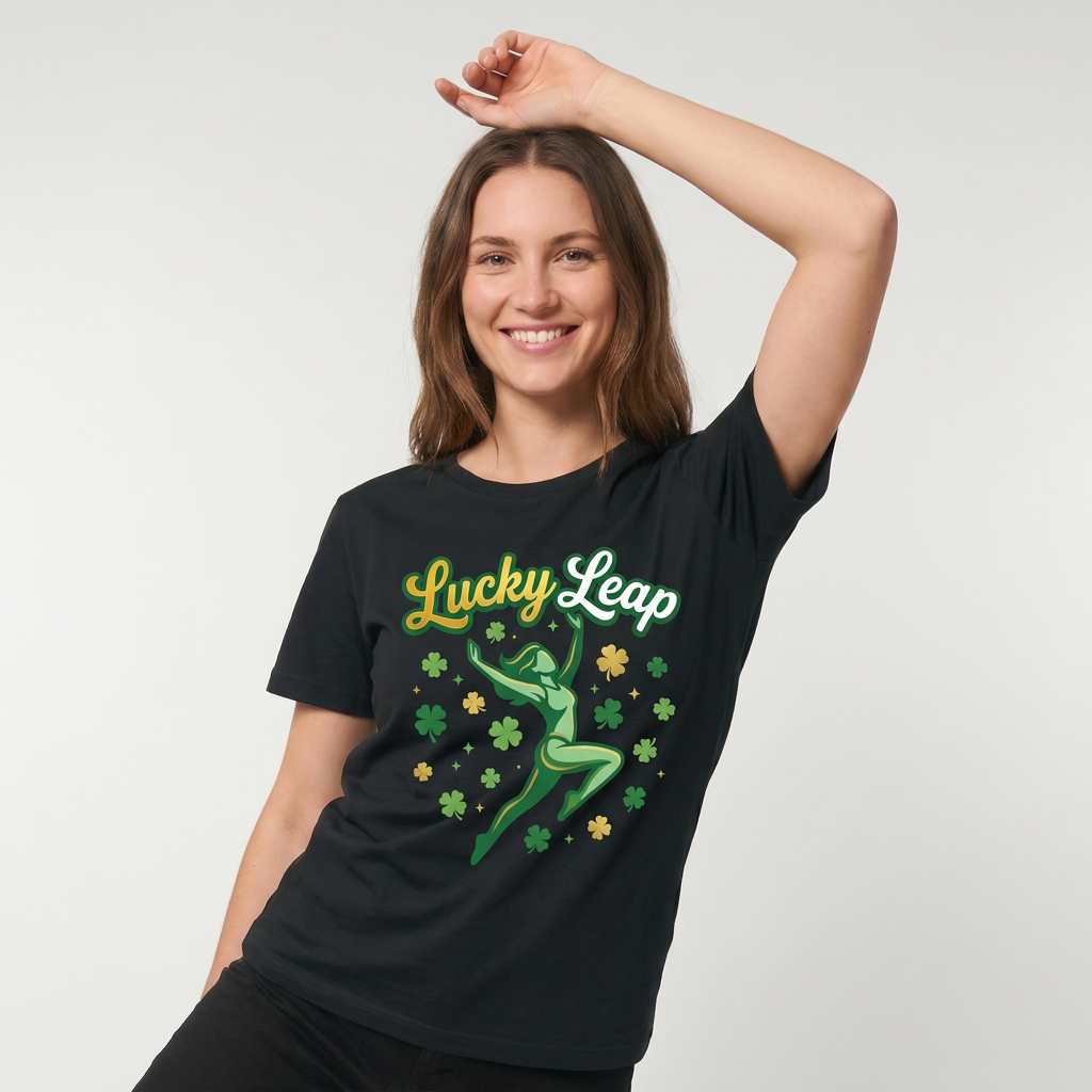 Lucky Leap Stylized Leap With Clovers Black T-Shirt mockup 3