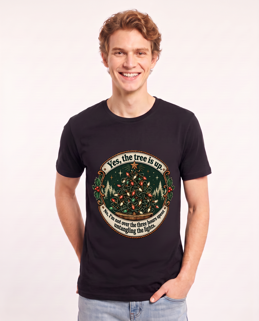 Yes, the tree is up. No, I'm not over the three hours spent untangling the lights. Men's Black T-Shirt product image 1