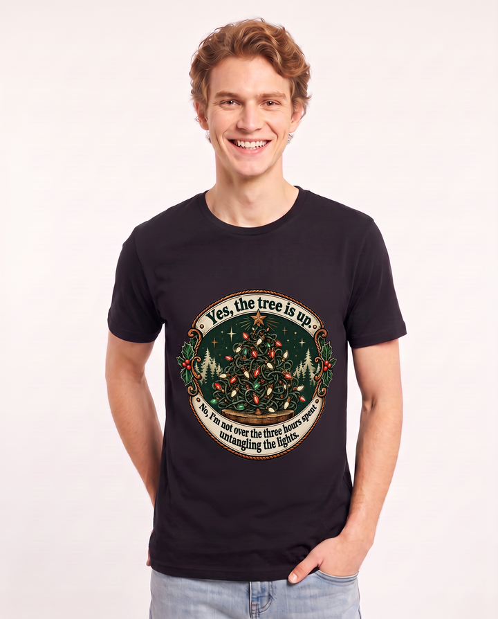 Yes, the tree is up. No, I'm not over the three hours spent untangling the lights. Men's Black T-Shirt product image 1