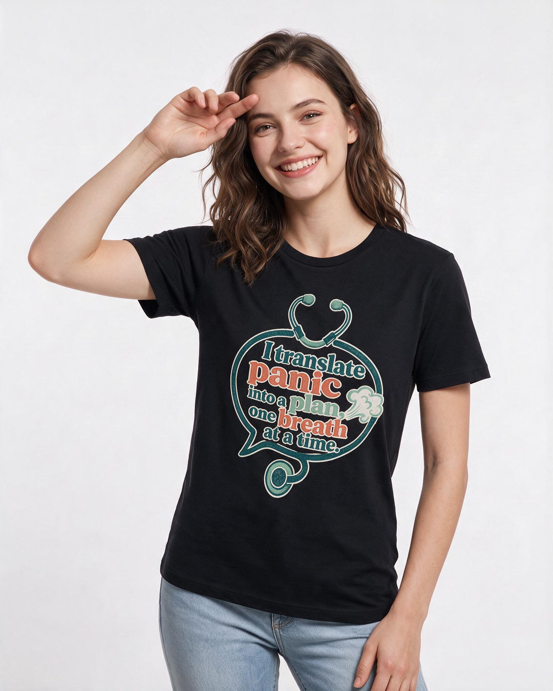 Nurse Women's Black T-Shirt – I translate panic into a plan, one product image 3