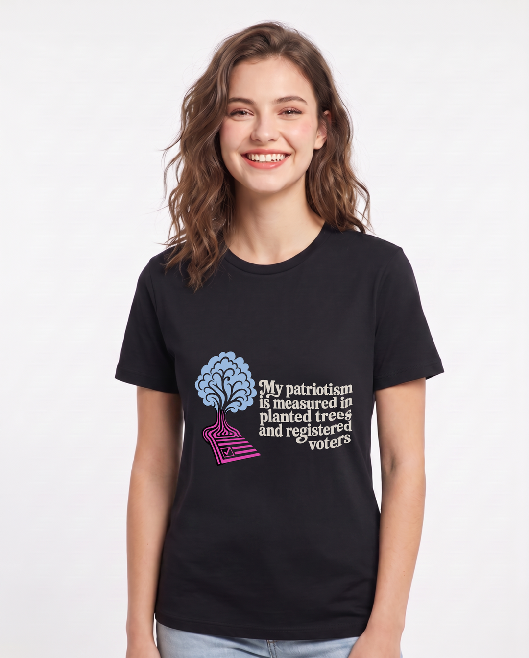 My patriotism is measured in planted trees and registered voters Women's Black T-Shirt product image 2