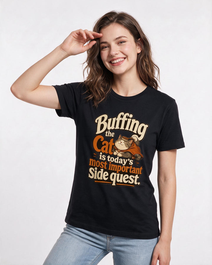 Gaming Women's Black T-Shirt – Buffing the cat is today's most important side quest. product image 3