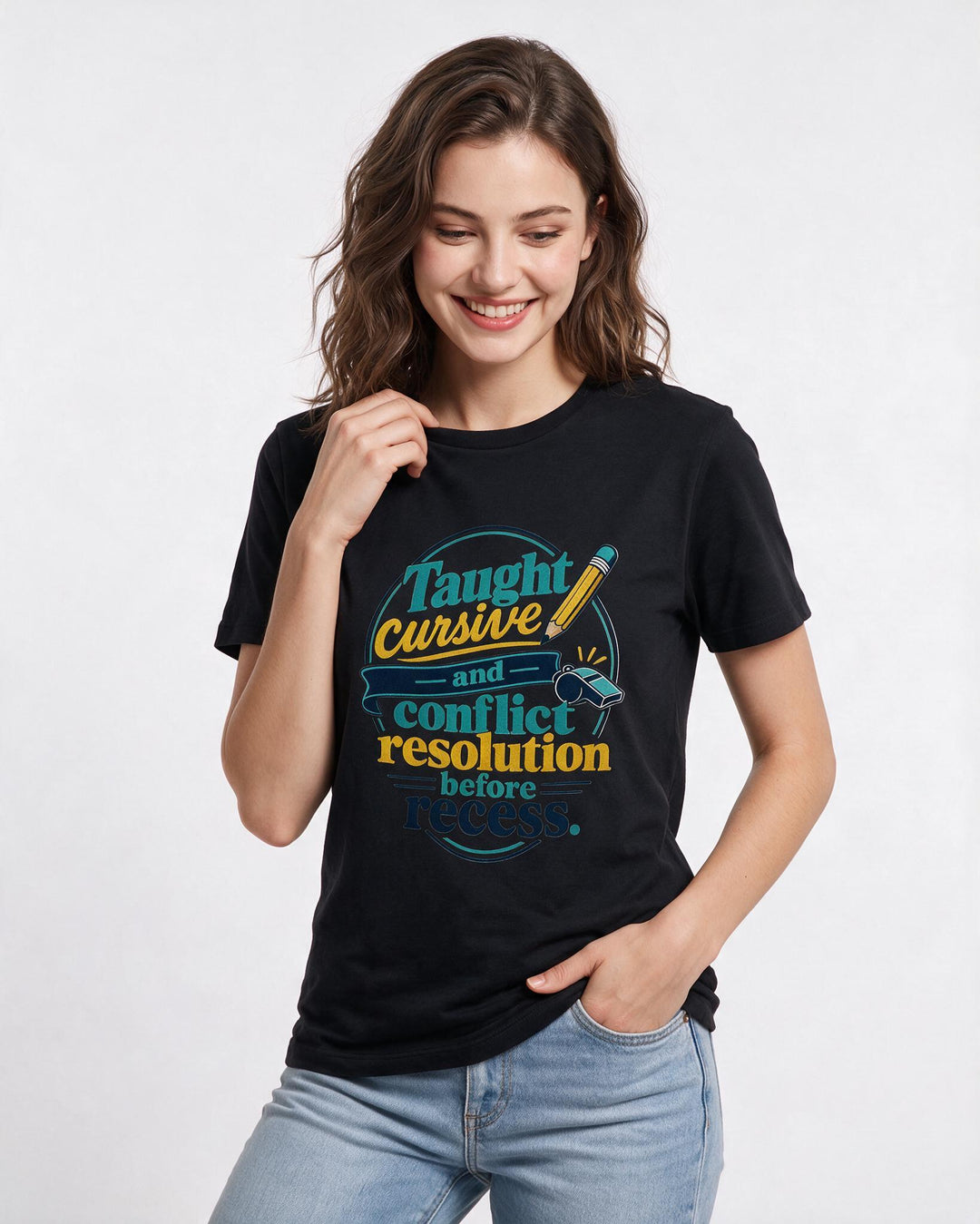 Funny Teacher Women's Black T-Shirt – Taught cursive and conflict resolution product image 3