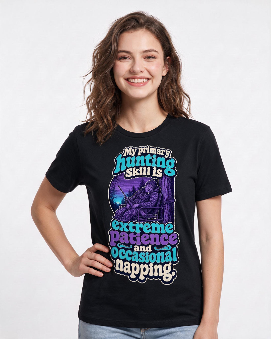 Funny Hunting Women's Black T-Shirt – My primary hunting skill is extreme patience and occasional napping product image 3