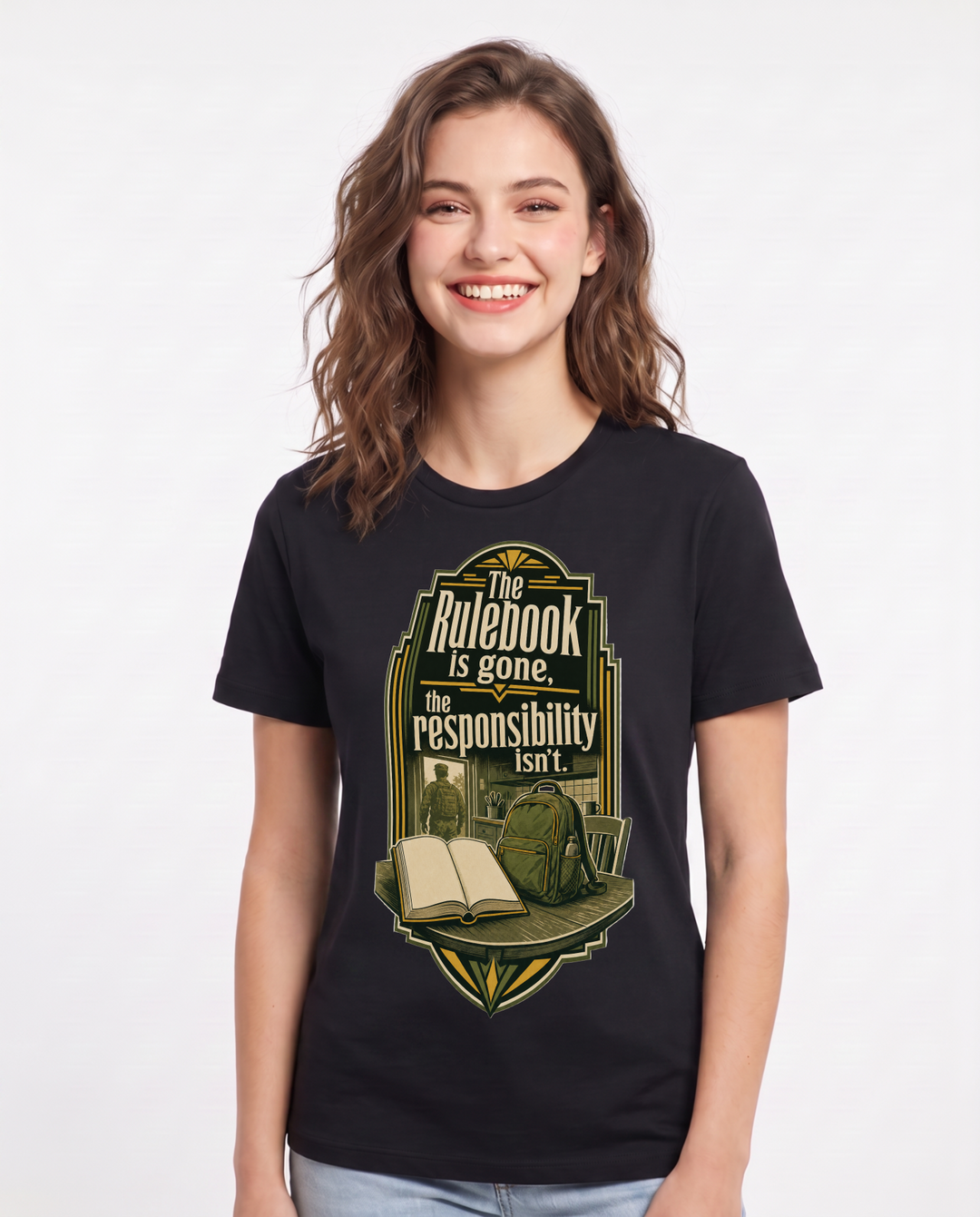 Veteran Women's Black T-Shirt – The rulebook is gone, the responsibility isn't. product image 1
