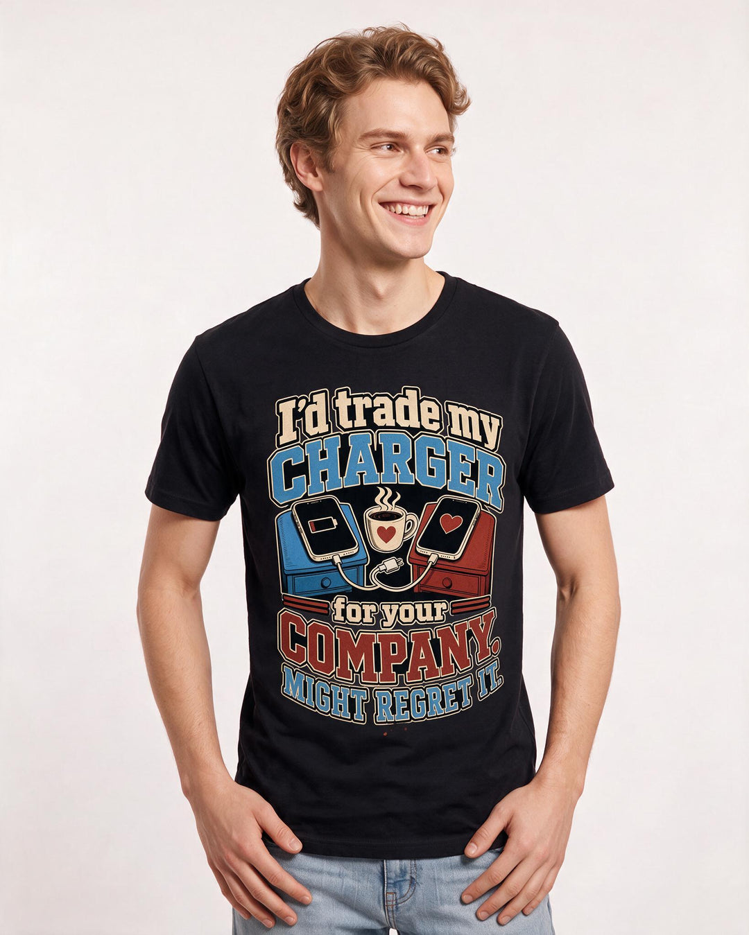 Funny Couples Men's Black T-Shirt – I’d trade my charger for your company. Might regret it. product image 3