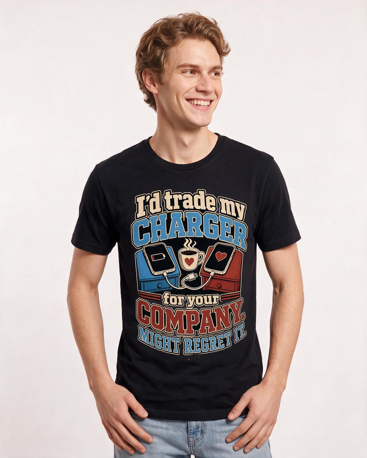 Funny Couples Men's Black T-Shirt – I’d trade my charger for your company. Might regret it. product image 3