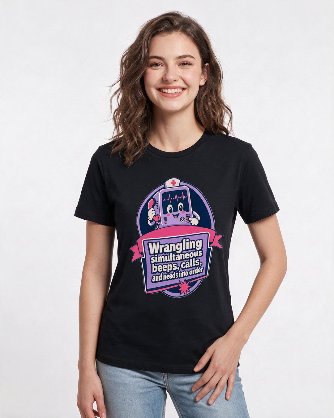 Nurse Gift Women's Black T-Shirt - Wrangling simultaneous beeps, product image 3
