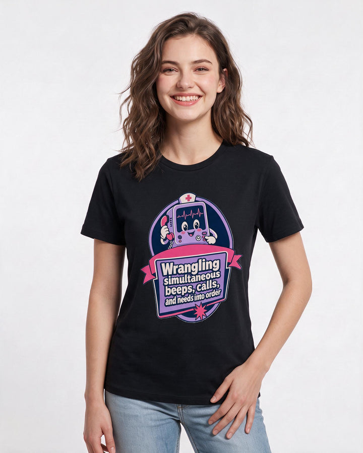 Nurse Gift Women's Black T-Shirt - Wrangling simultaneous beeps, product image 3