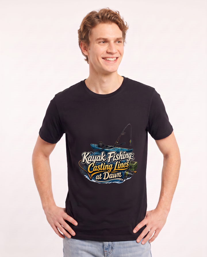 Kayak Fishing: Casting Lines at Dawn Men's Black T-Shirt product image 1