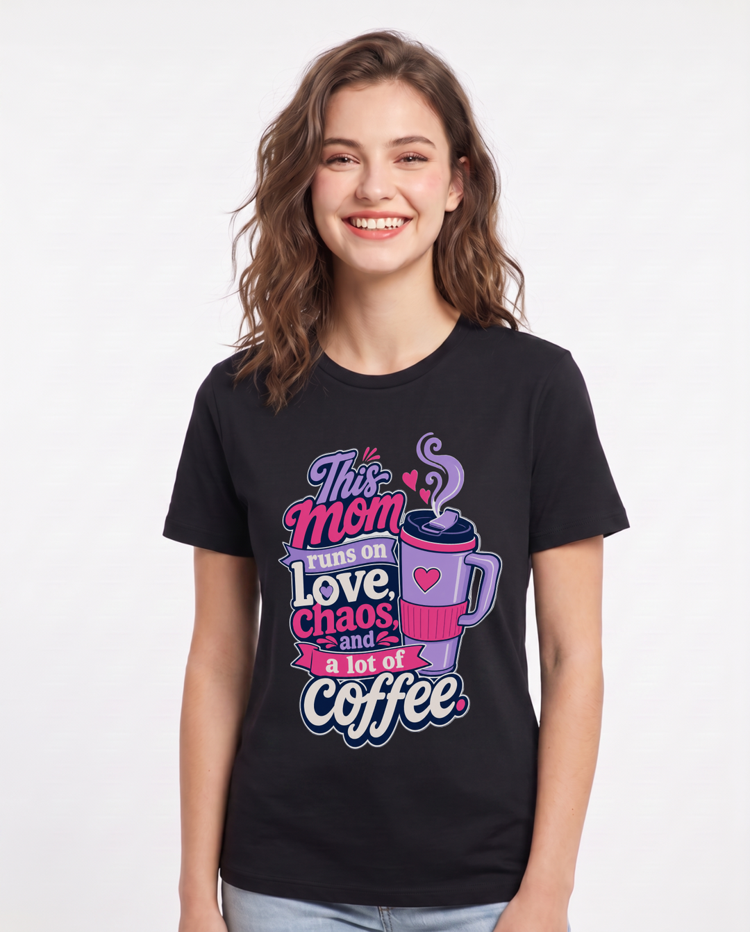 Mom Women's Black T-Shirt – This mom runs on love, chaos, and a lot of coffee. product image 1