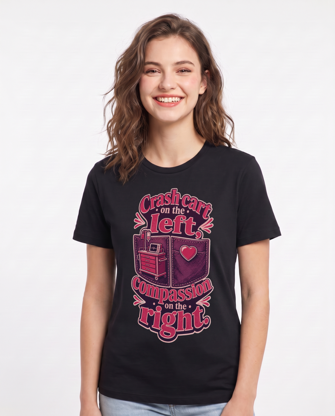 Nurse Women's Black T-Shirt – Crash cart on the left, compassion on product image 1