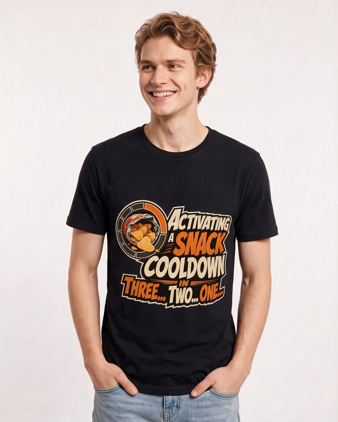 Funny Gaming Men's Black T-Shirt – Activating a snack cooldown in three… product image 3