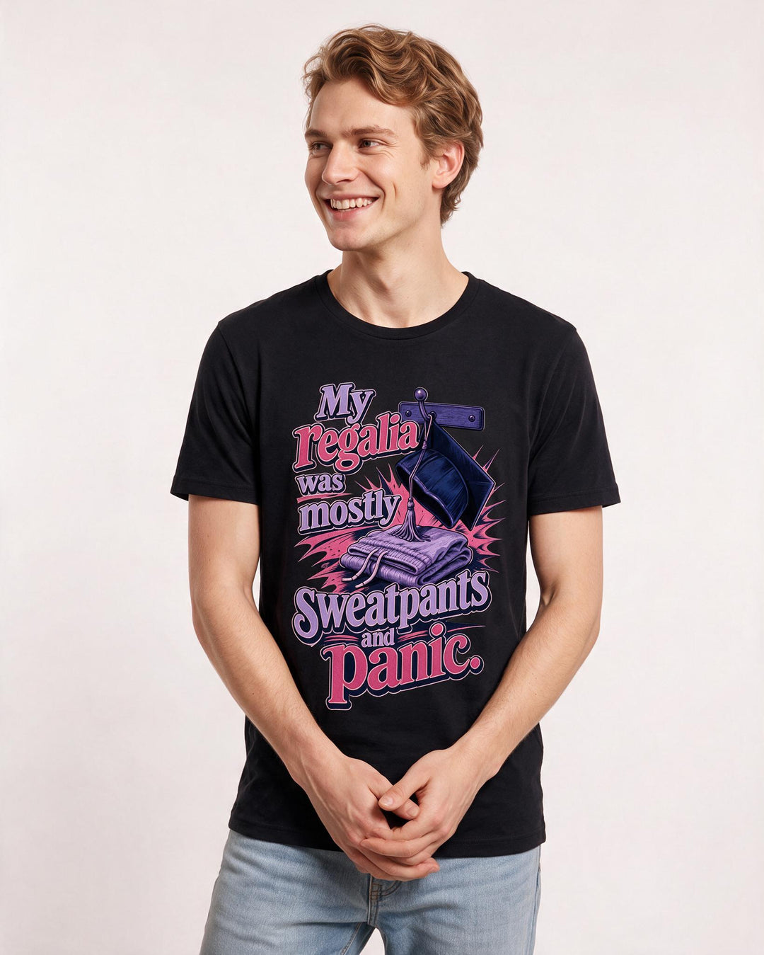 Graduation Men's Black T-Shirt – My regalia was mostly sweatpants and panic. product image 3