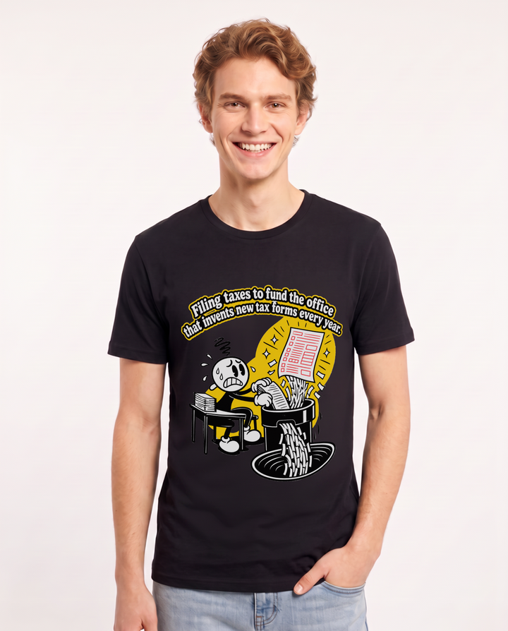 Filing taxes to fund the office that invents new tax forms every year. Men's Black T-Shirt product image 2