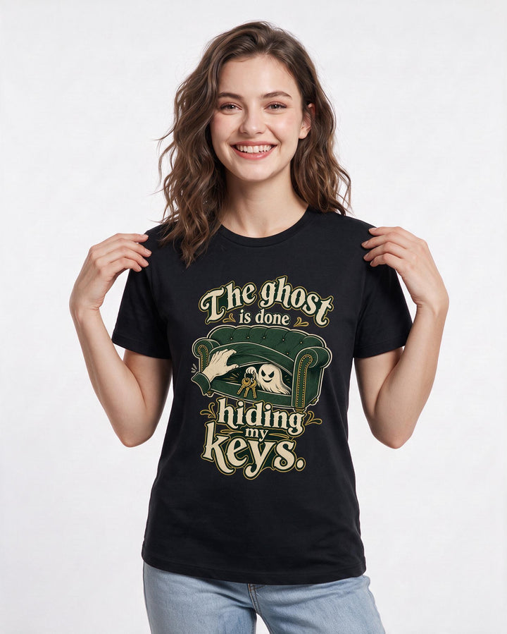 Funny Halloween Women's Black T-Shirt – The ghost is done hiding my keys. product image 3