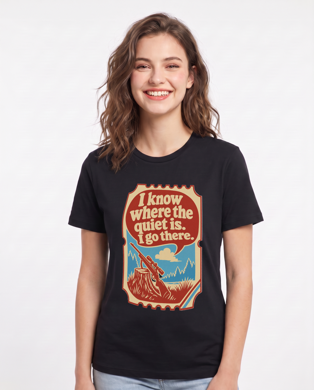 Hunting Women's Black T-Shirt - I know where the quiet is. I go there. product image 1