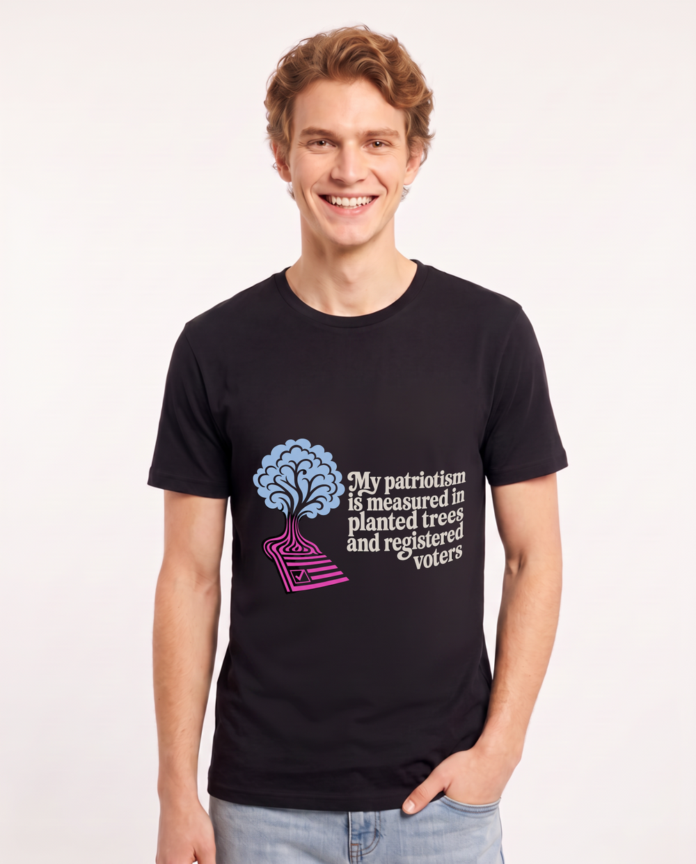My patriotism is measured in planted trees and registered voters Men's Black T-Shirt product image 2