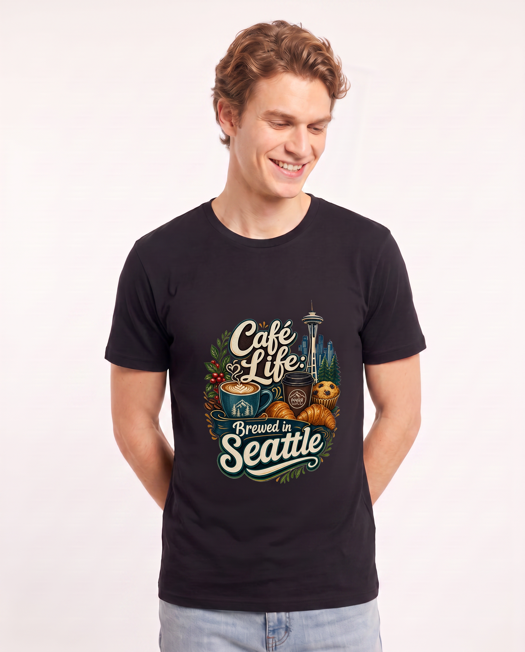 Café Life: Brewed in Seattle Men's Black T-Shirt product image 1